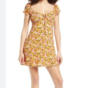 All In Favor Orange Pink Floral Print Puff Sleeve Mini Dress size XS
